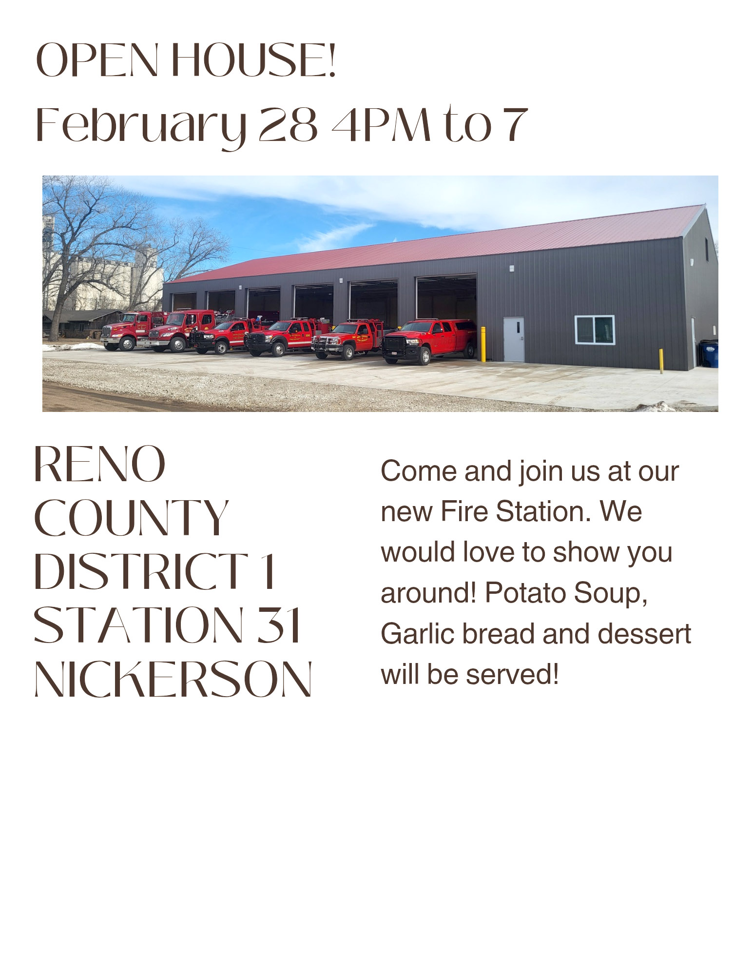 Open House Feb. 28 at Reno County Fire District 1 - Station #31 in Nickerson - News Image